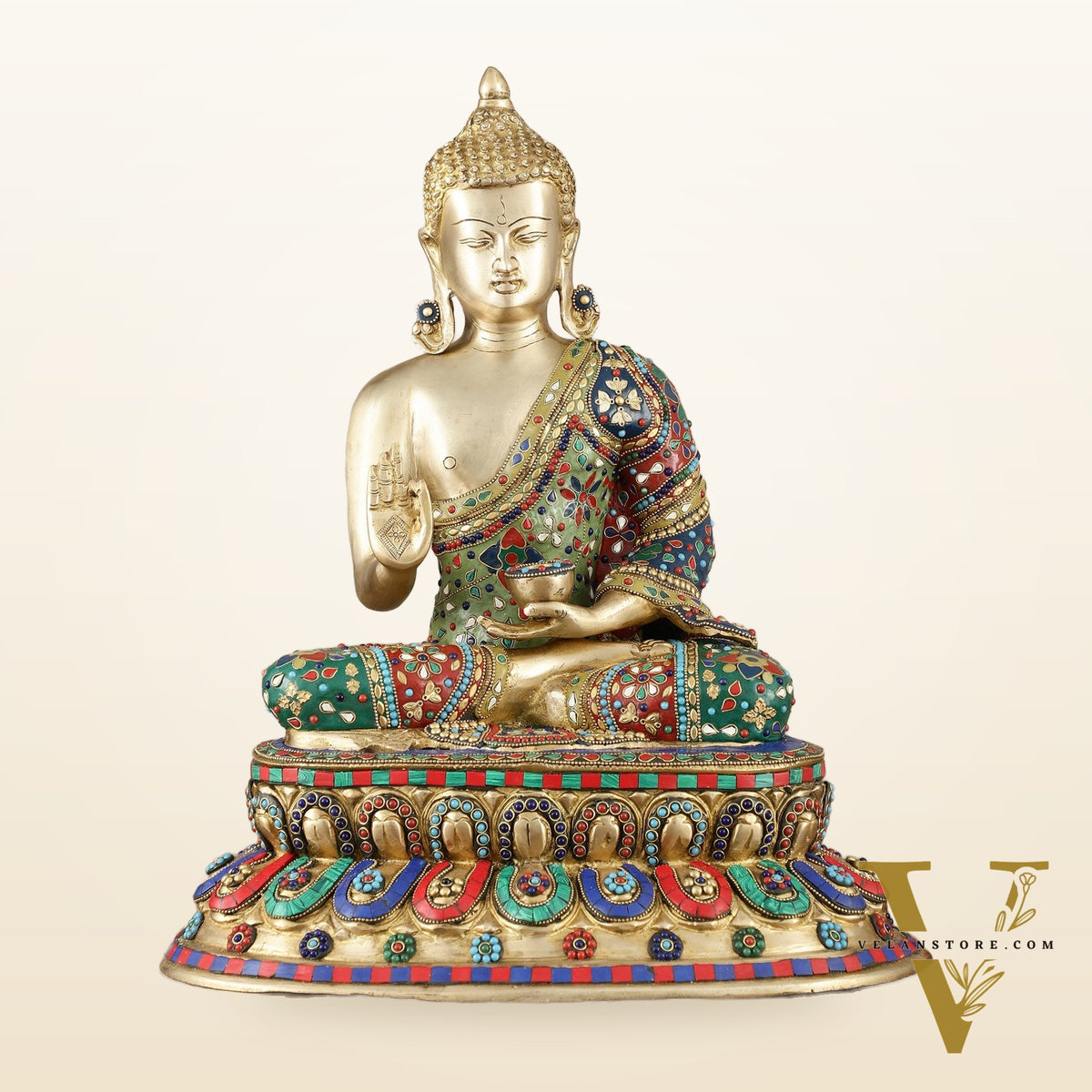 Pure Brass Blessing Buddha Idol with Mosaic Floral Stonework - 20 Inch
