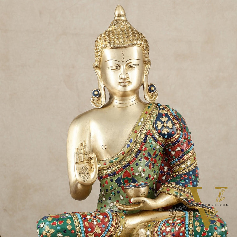 Pure Brass Blessing Buddha Idol with Mosaic Floral Stonework - 20 Inch