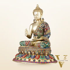 Pure Brass Blessing Buddha Idol with Mosaic Floral Stonework - 20 Inch