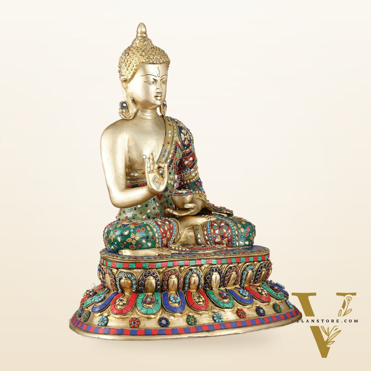 Pure Brass Blessing Buddha Idol with Mosaic Floral Stonework - 20 Inch