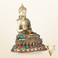 Pure Brass Blessing Buddha Idol with Mosaic Floral Stonework - 20 Inch