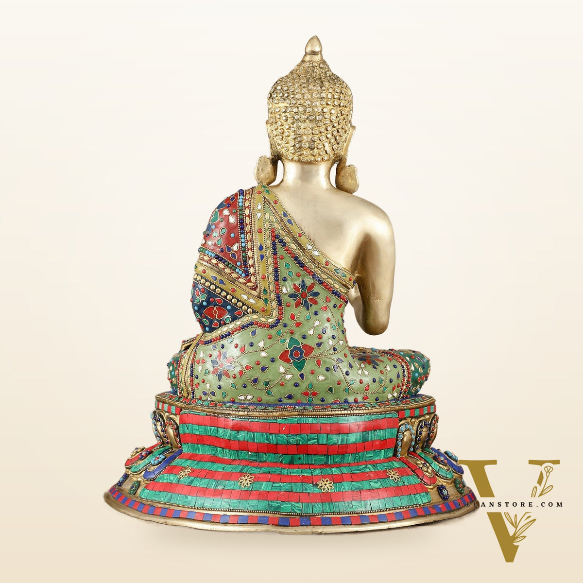Pure Brass Blessing Buddha Idol with Mosaic Floral Stonework - 20 Inch