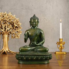 Pure Brass Blessing Buddha Statue - Green Antique Finish, 10.5" Height