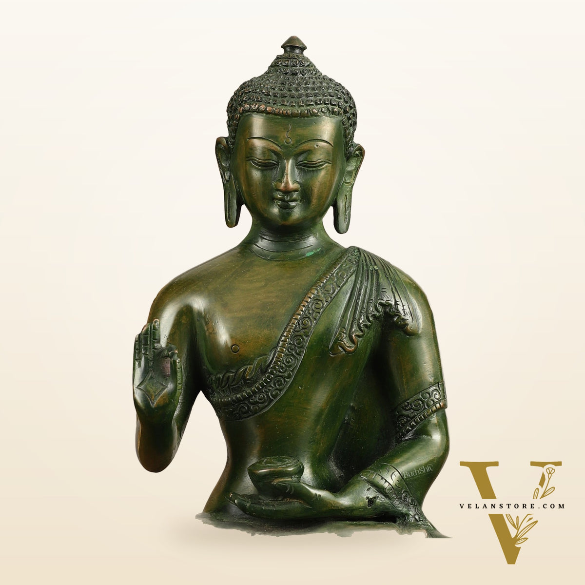 Pure Brass Blessing Buddha Statue - Green Antique Finish, 10.5" Height