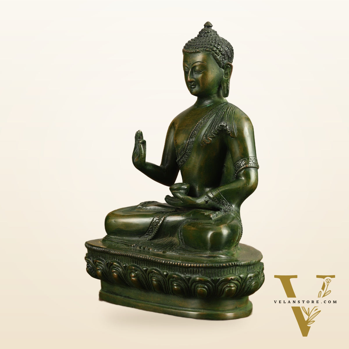 Pure Brass Blessing Buddha Statue - Green Antique Finish, 10.5" Height