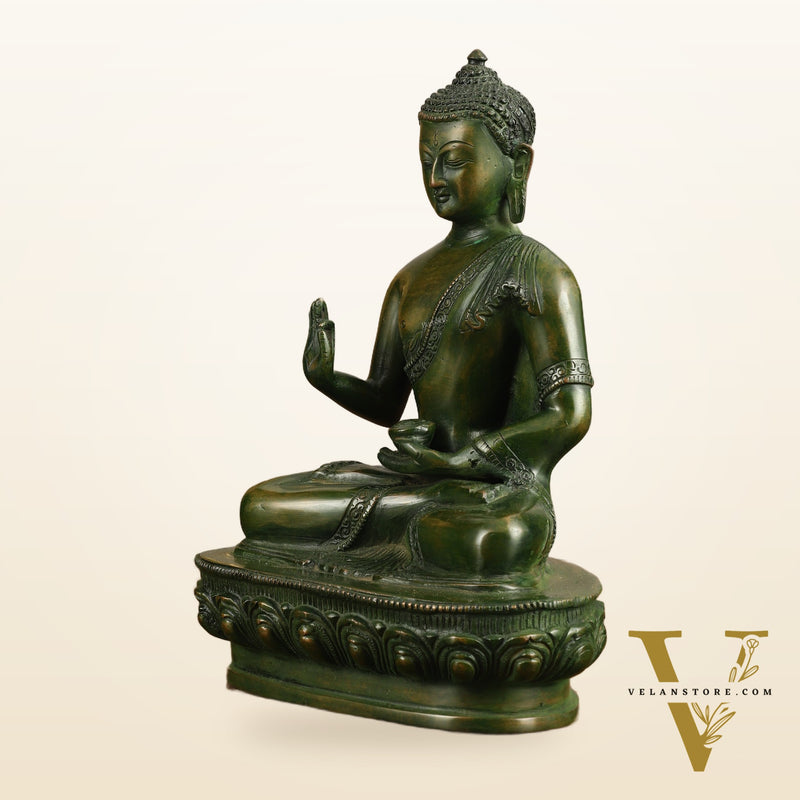 Pure Brass Blessing Buddha Statue - Green Antique Finish, 10.5" Height