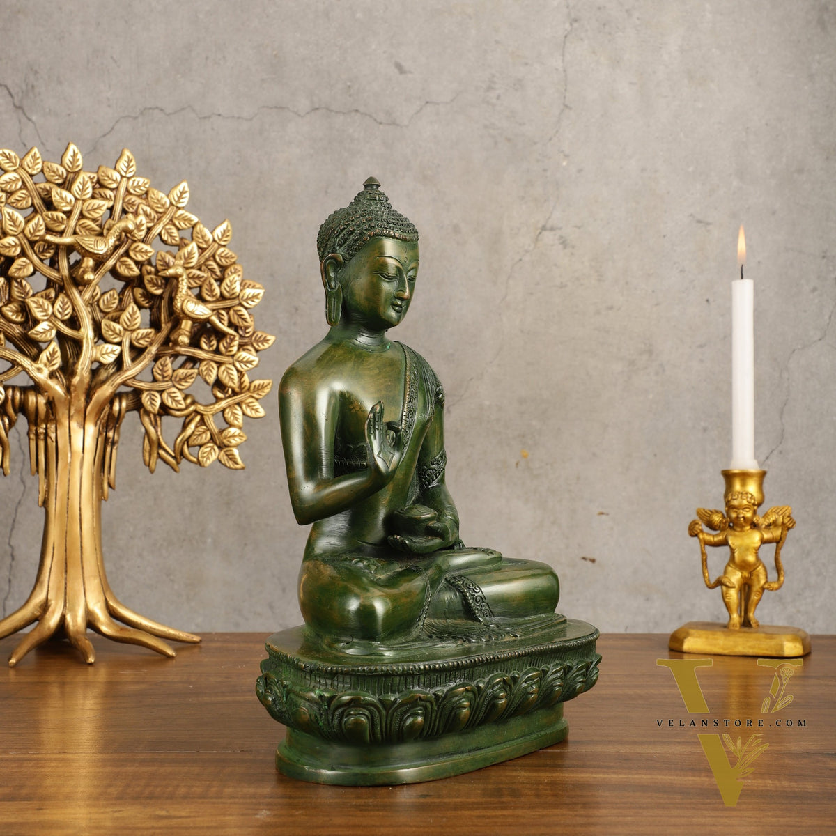 Pure Brass Blessing Buddha Statue - Green Antique Finish, 10.5" Height