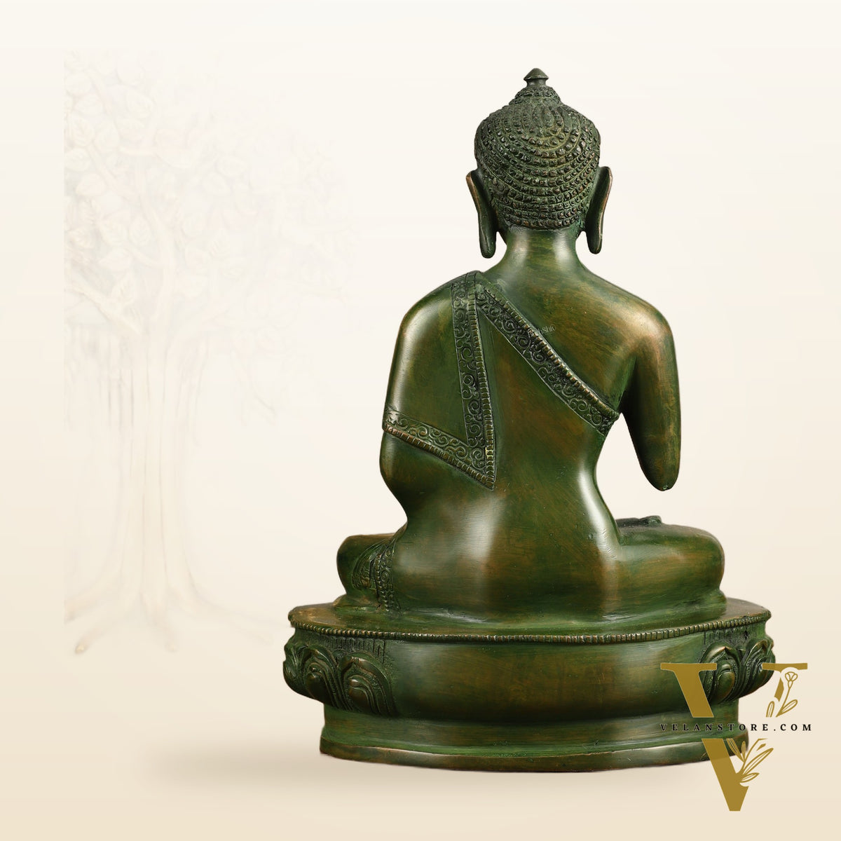 Pure Brass Blessing Buddha Statue - Green Antique Finish, 10.5" Height