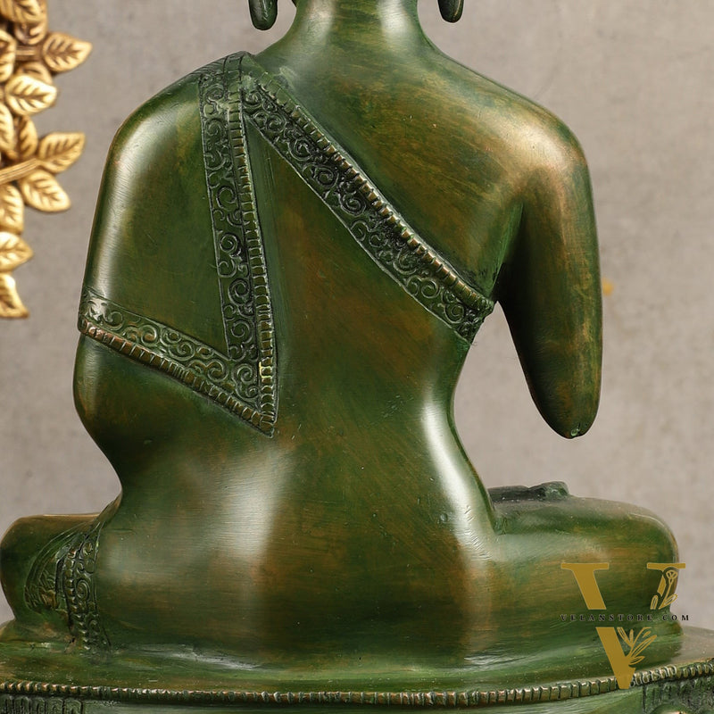 Pure Brass Blessing Buddha Statue - Green Antique Finish, 10.5" Height