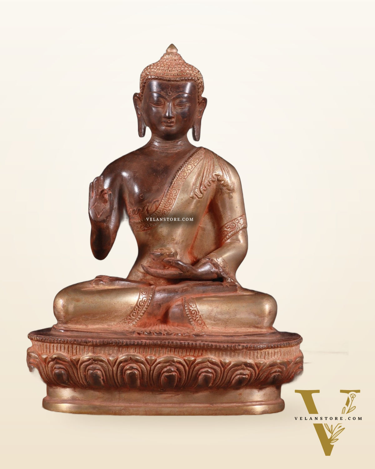Pure Brass Blessing Buddha Statue - Green Antique Finish, 10.5" sandfinish