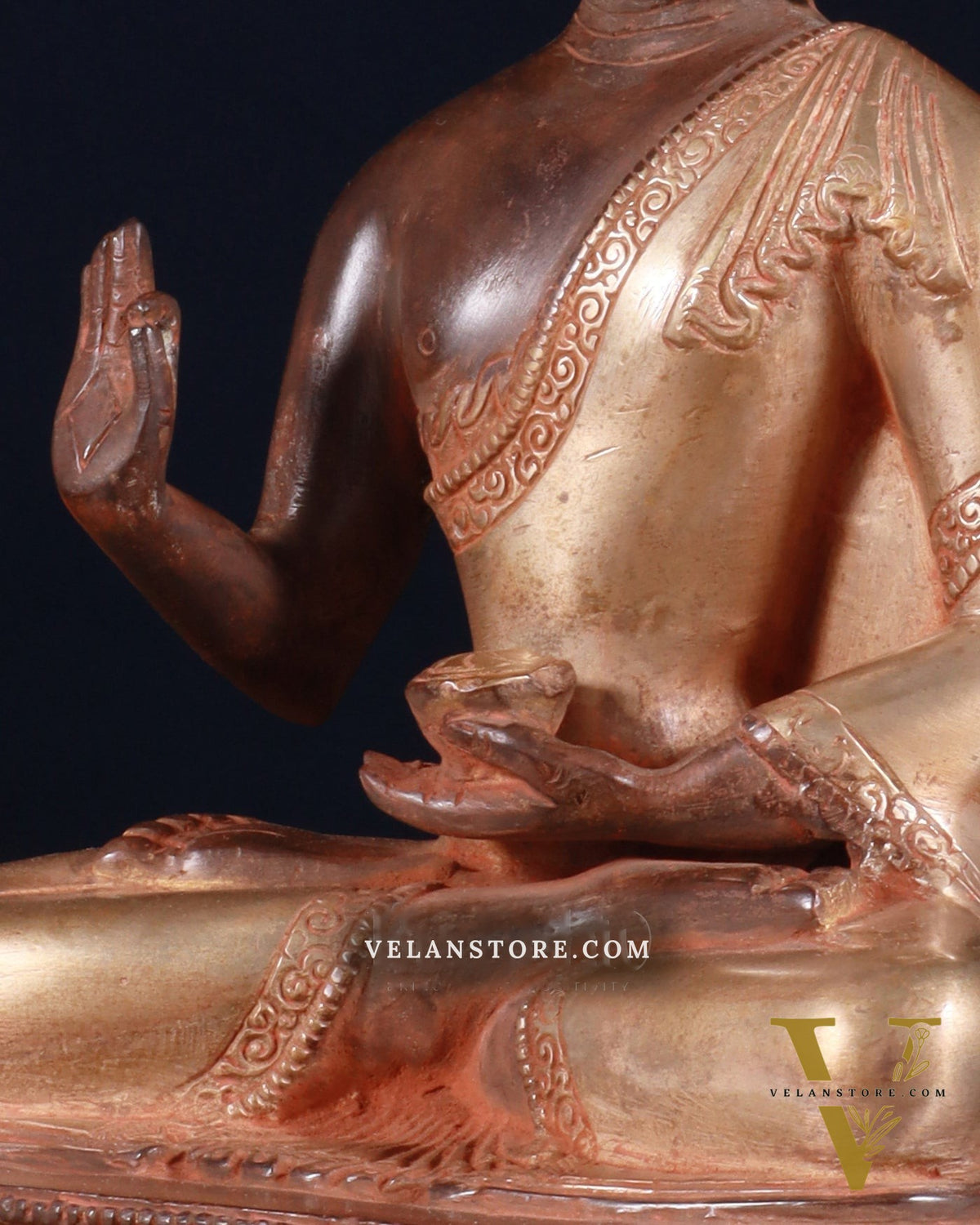 Pure Brass Blessing Buddha Statue - Green Antique Finish, 10.5" sandfinish