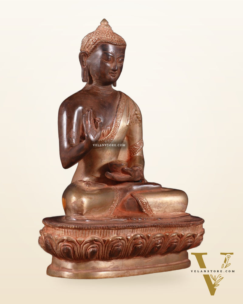 Pure Brass Blessing Buddha Statue - Green Antique Finish, 10.5" sandfinish