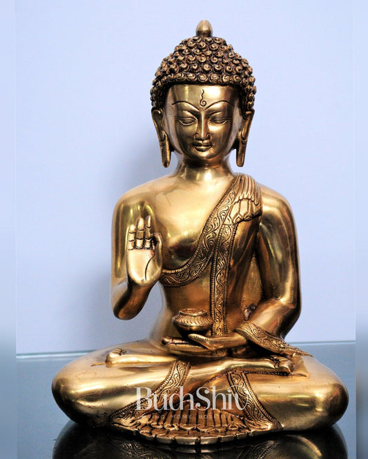 Pure Brass Blessing Buddha Statue | Handcrafted Fine Brass Sculpture 12 inch