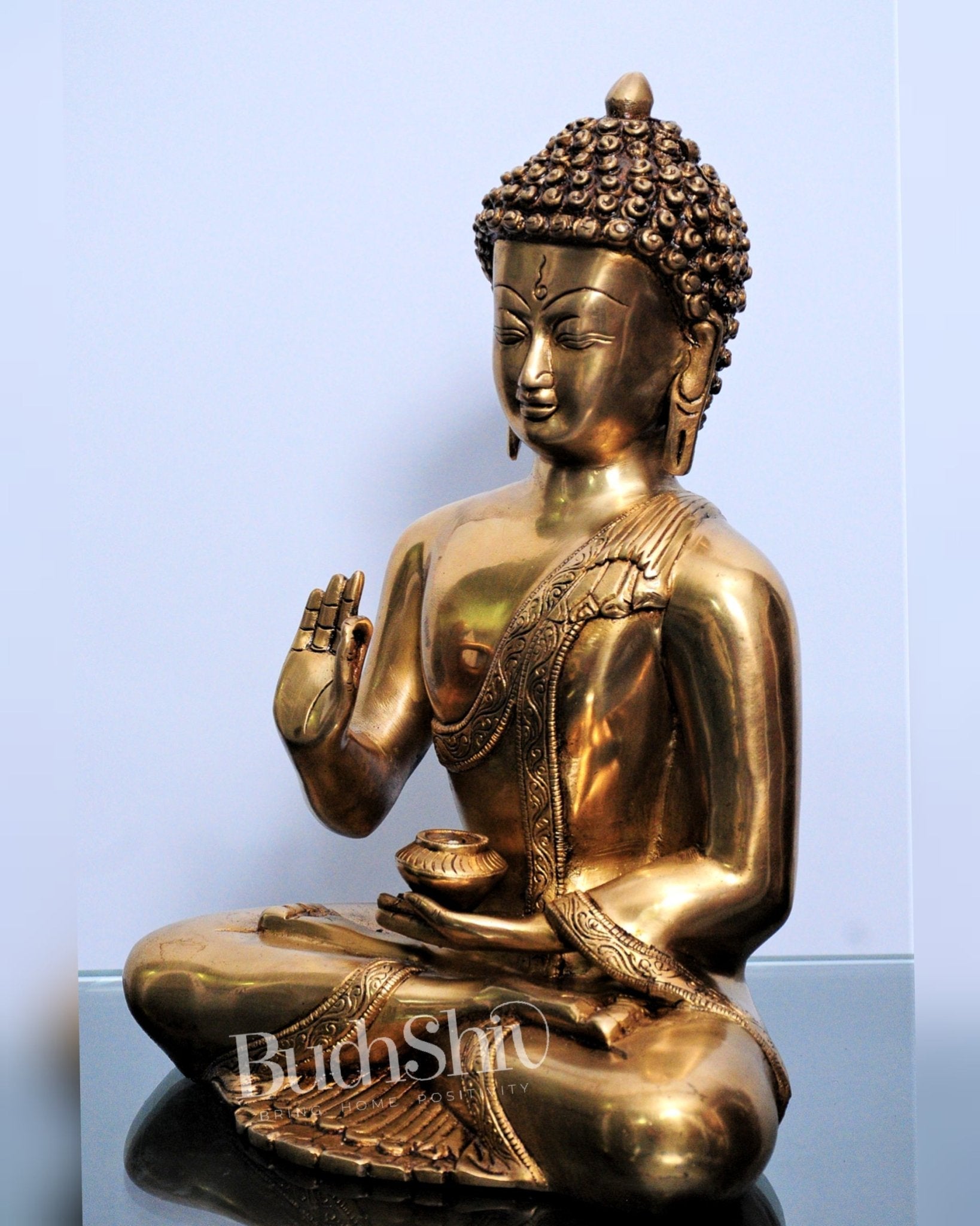 Pure Brass Blessing Buddha Statue | Handcrafted Fine Brass Sculpture 12 inch