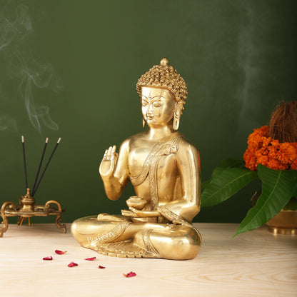 Pure Brass Blessing Buddha Statue | Handcrafted Fine Brass Sculpture 12 inch