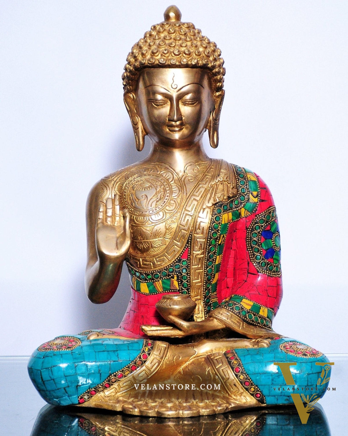 Pure Brass Blessing Buddha Statue | Handcrafted with Natural Stone 12 inches