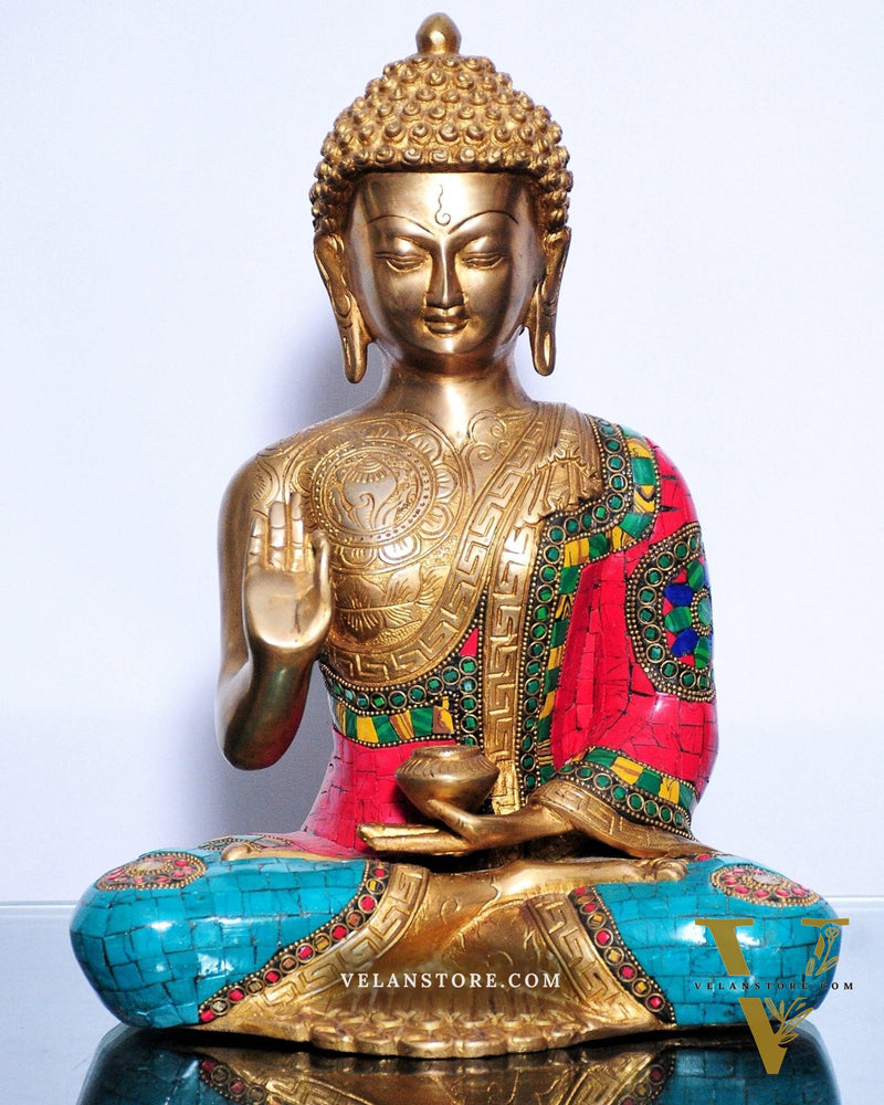Pure Brass Blessing Buddha Statue | Handcrafted with Natural Stone 12 inches