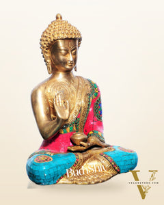 Pure Brass Blessing Buddha Statue | Handcrafted with Natural Stone 12 inches