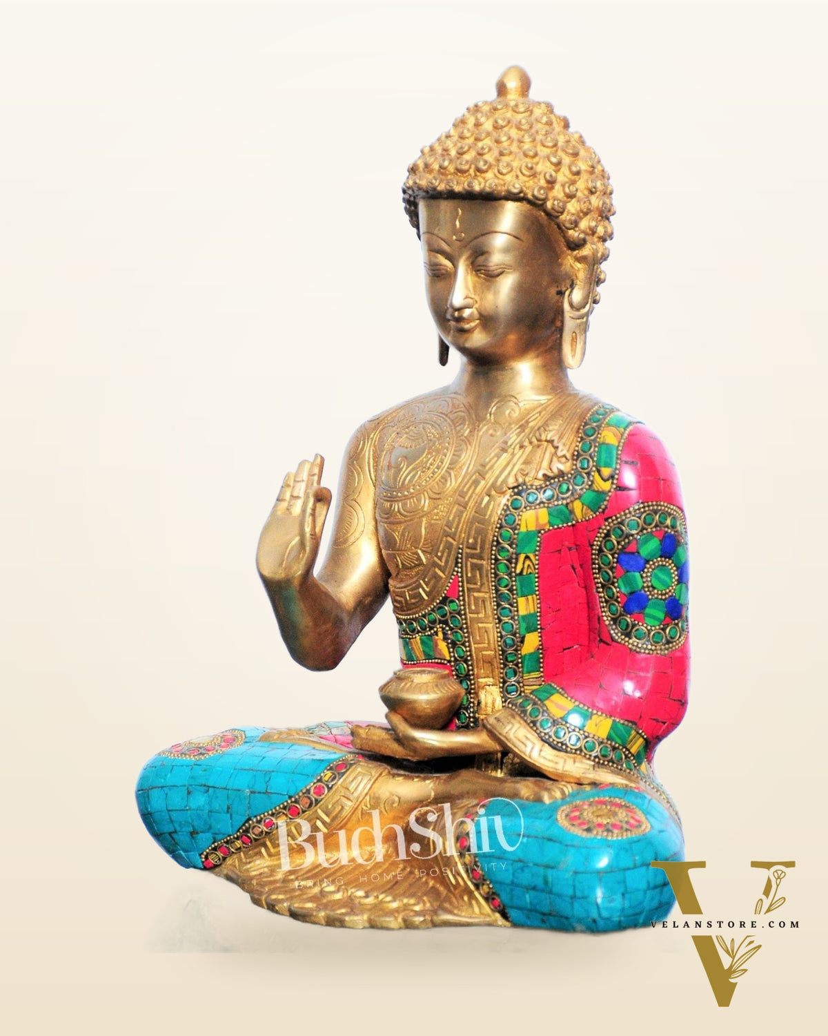 Pure Brass Blessing Buddha Statue | Handcrafted with Natural Stone 12 inches