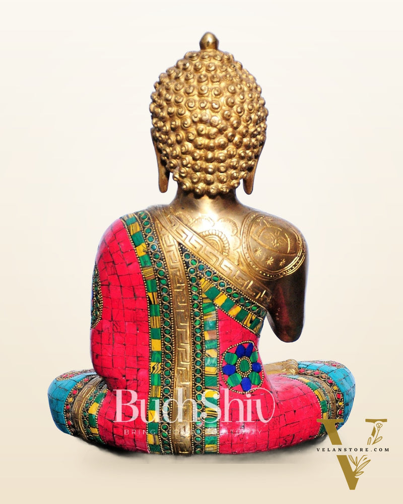 Pure Brass Blessing Buddha Statue | Handcrafted with Natural Stone 12 inches