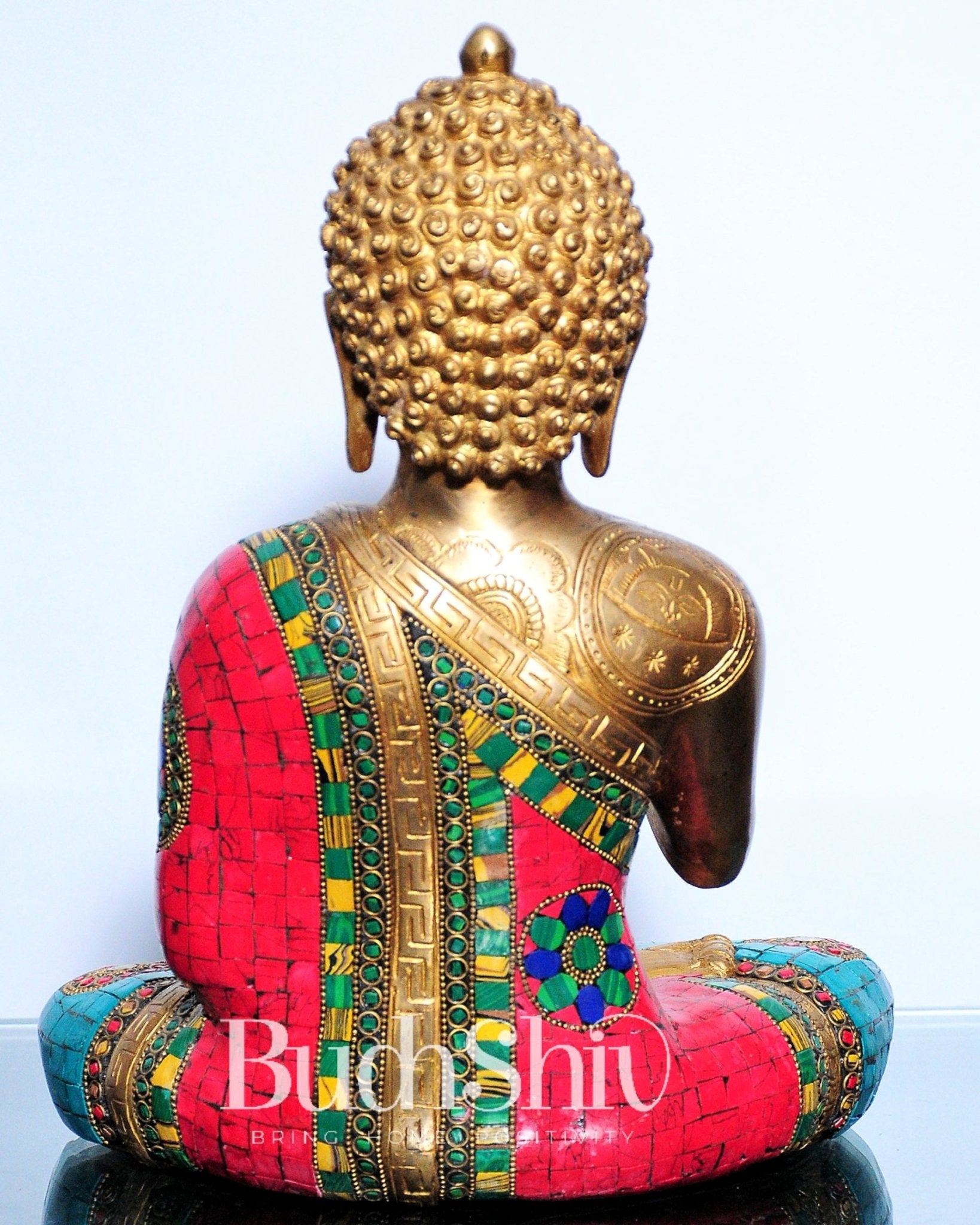 Pure Brass Blessing Buddha Statue | Handcrafted with Natural Stone 12 inches