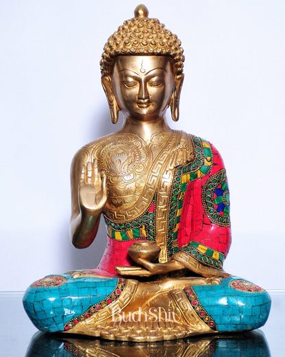 Pure Brass Blessing Buddha Statue | Handcrafted with Natural Stone 12 inches