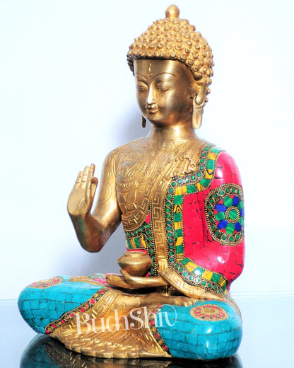 Pure Brass Blessing Buddha Statue | Handcrafted with Natural Stone 12 inches
