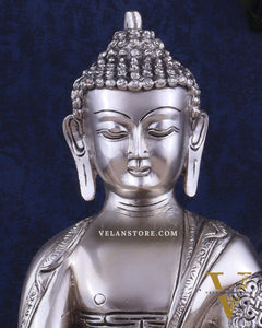 Pure Brass Blessing Buddha Statue - Silver plated , 12.5" Height