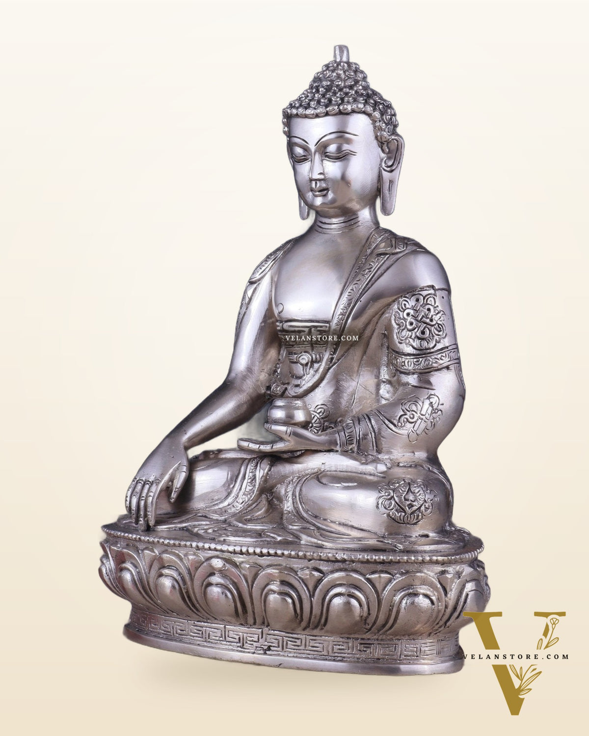 Pure Brass Blessing Buddha Statue - Silver plated , 12.5" Height