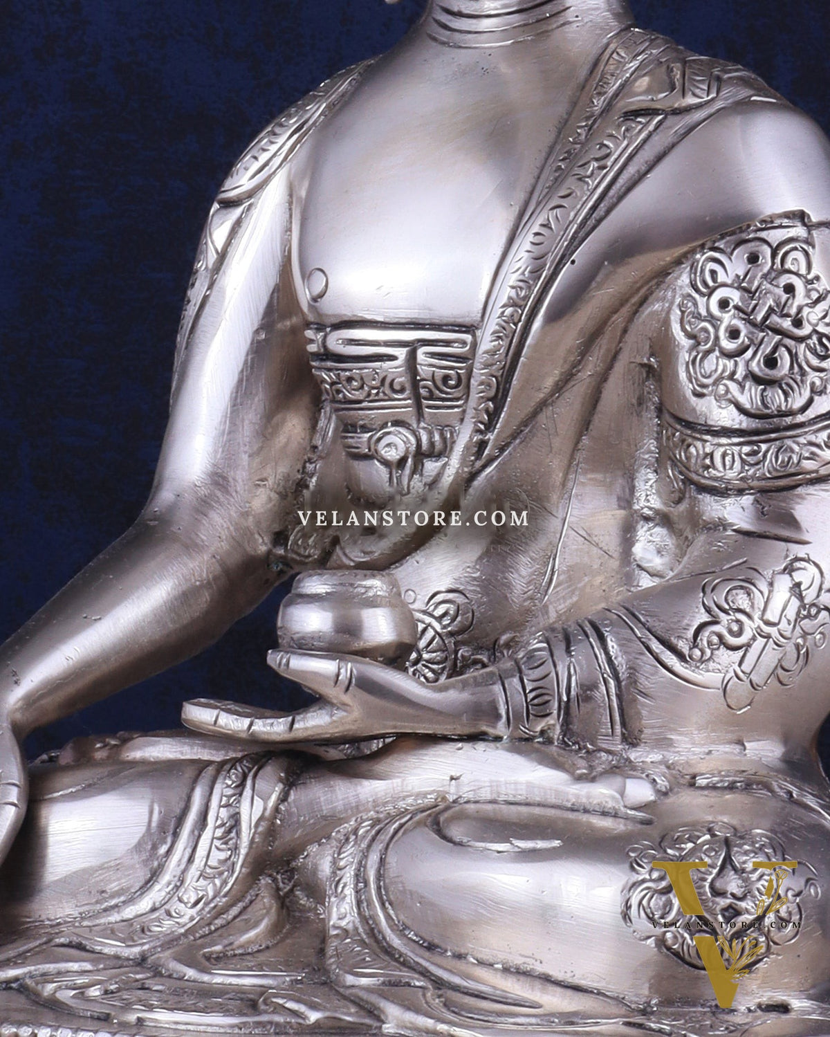 Pure Brass Blessing Buddha Statue - Silver plated , 12.5" Height