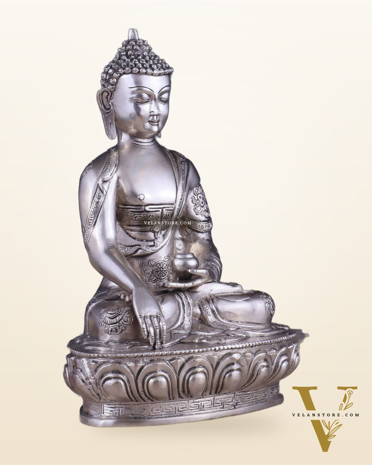 Pure Brass Blessing Buddha Statue - Silver plated , 12.5" Height