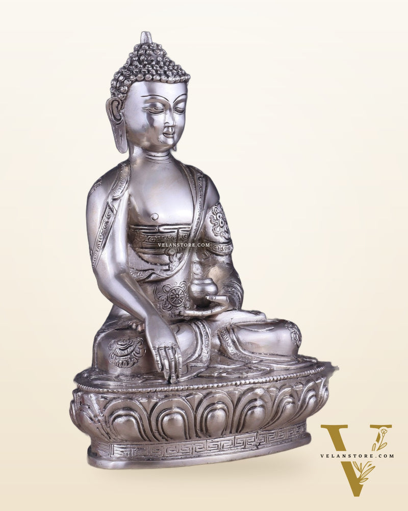 Pure Brass Blessing Buddha Statue - Silver plated , 12.5" Height