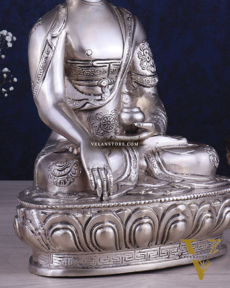 Pure Brass Blessing Buddha Statue - Silver plated , 12.5" Height