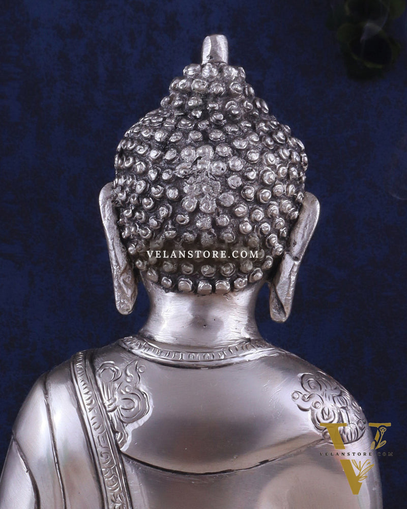 Pure Brass Blessing Buddha Statue - Silver plated , 12.5" Height