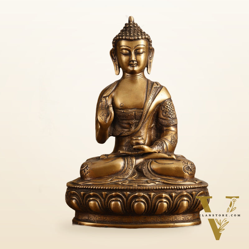 Pure Brass Blessing Buddha Statue - Unique Design, 12.5" Height