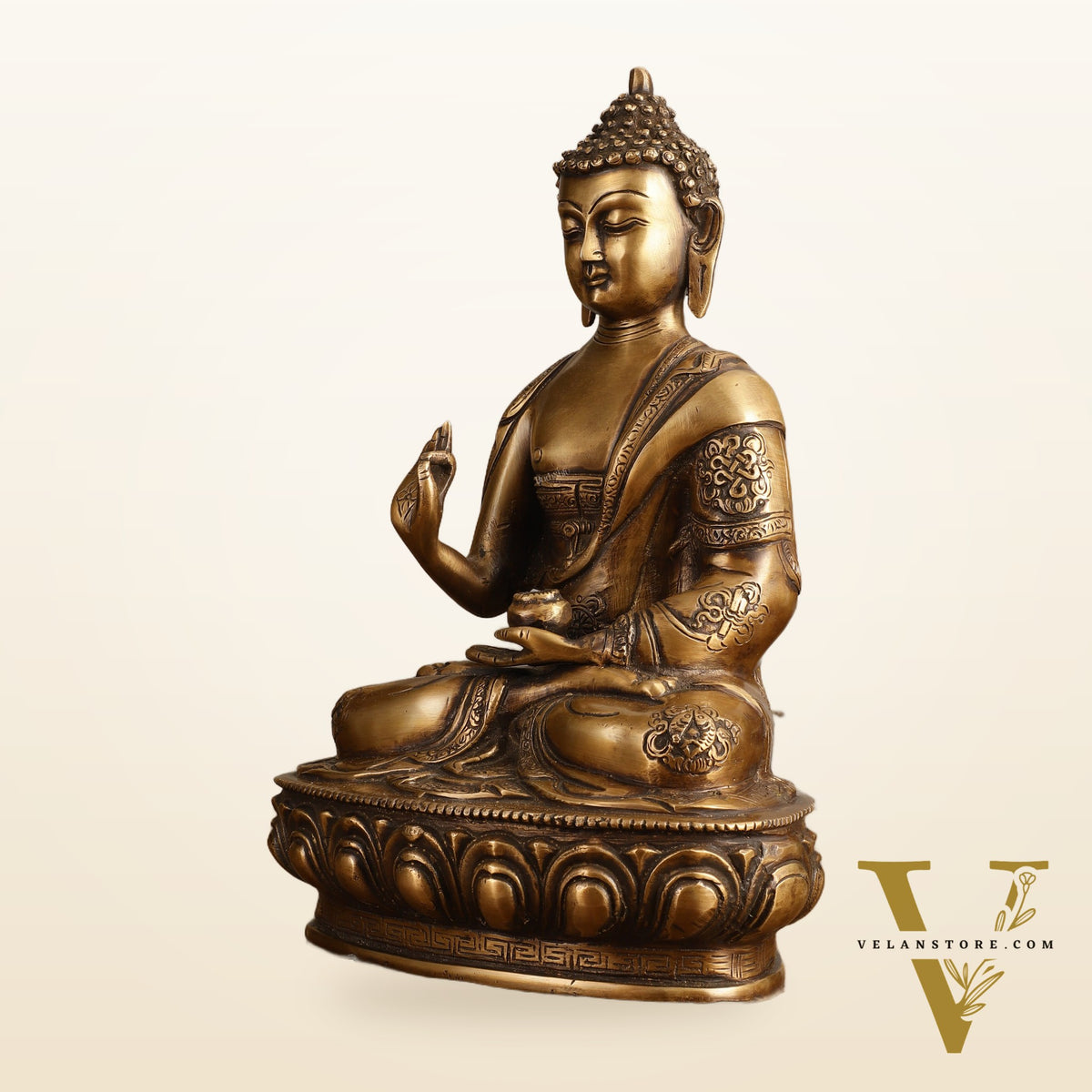 Pure Brass Blessing Buddha Statue - Unique Design, 12.5" Height