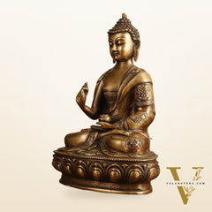 Pure Brass Blessing Buddha Statue - Unique Design, 12.5" Height
