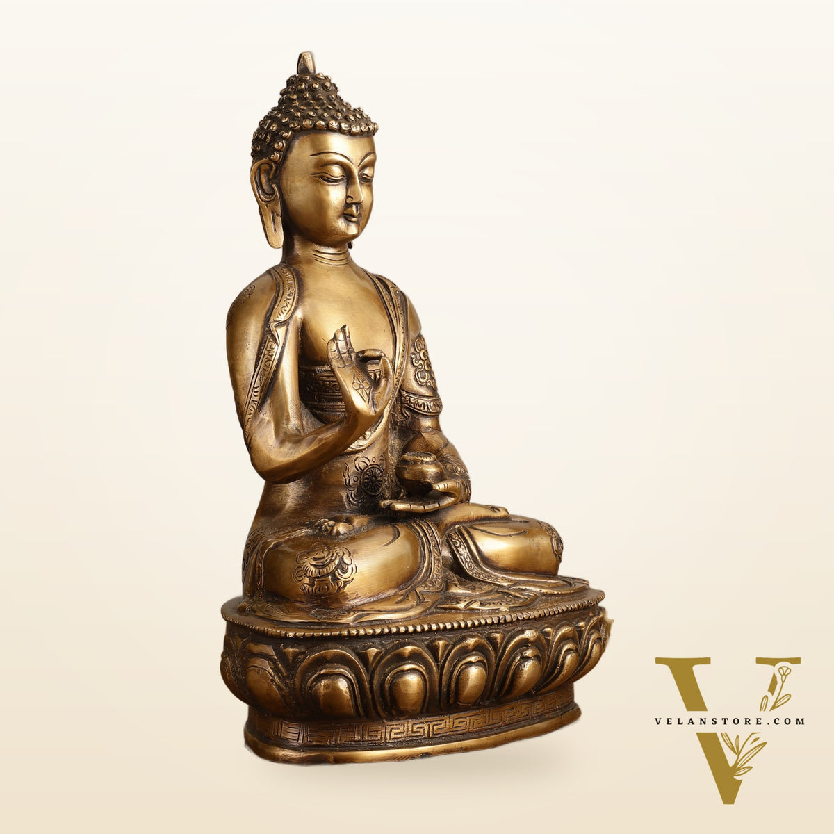 Pure Brass Blessing Buddha Statue - Unique Design, 12.5" Height