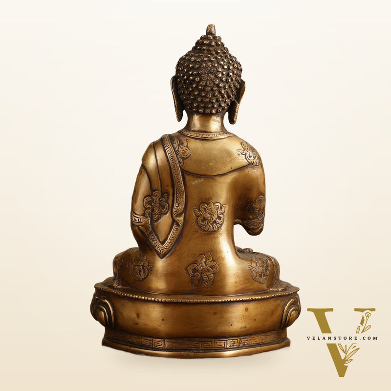 Pure Brass Blessing Buddha Statue - Unique Design, 12.5" Height