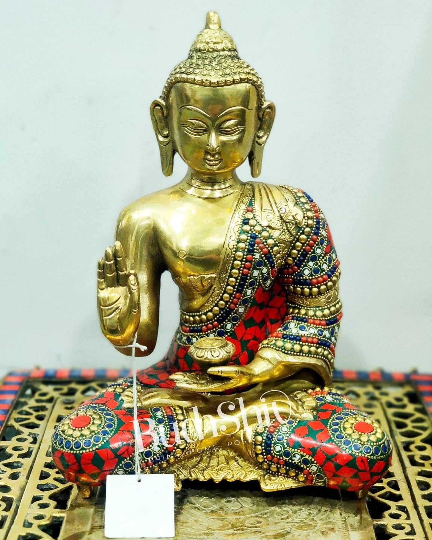 Pure Brass Blessing Buddha statue with stonework 11.5 inches