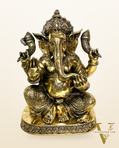 Pure Brass Blessing Lord Ganesha Statue with Base – 21" Height, Superfine Finish