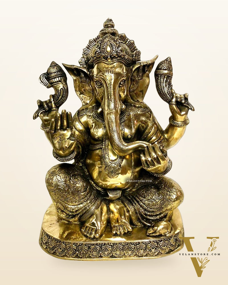Pure Brass Blessing Lord Ganesha Statue with Base – 21" Height, Superfine Finish