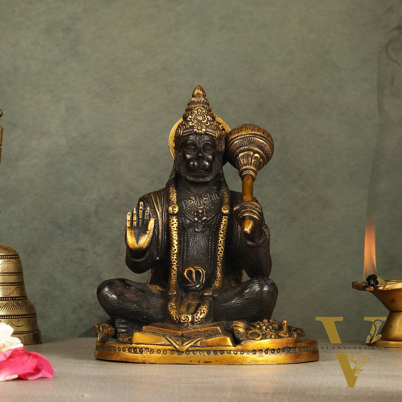 Pure Brass Blessing Lord Hanuman Idol with Crossed Legs 7 inch