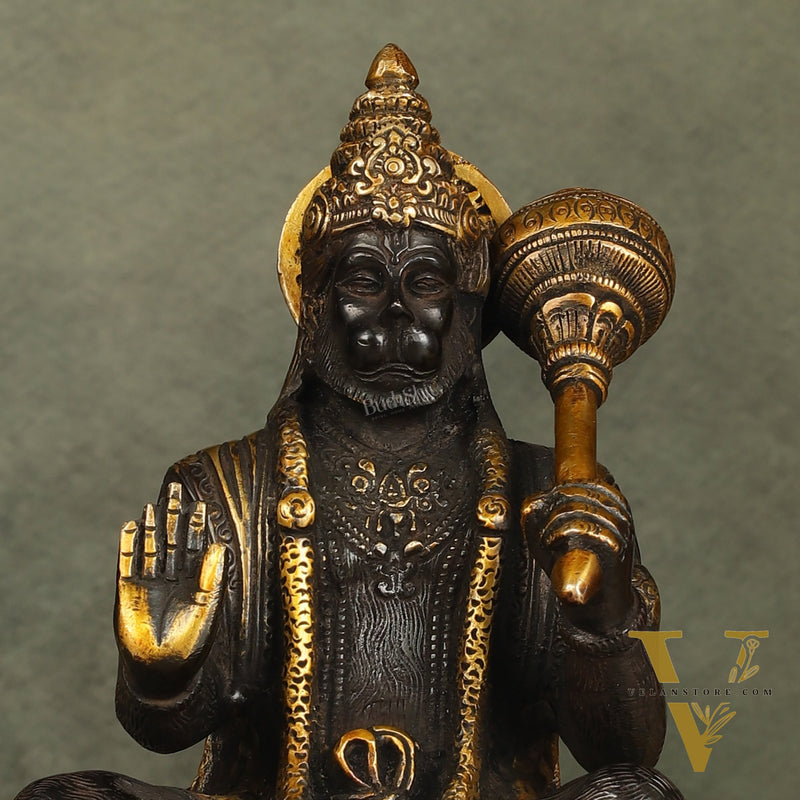 Pure Brass Blessing Lord Hanuman Idol with Crossed Legs 7 inch