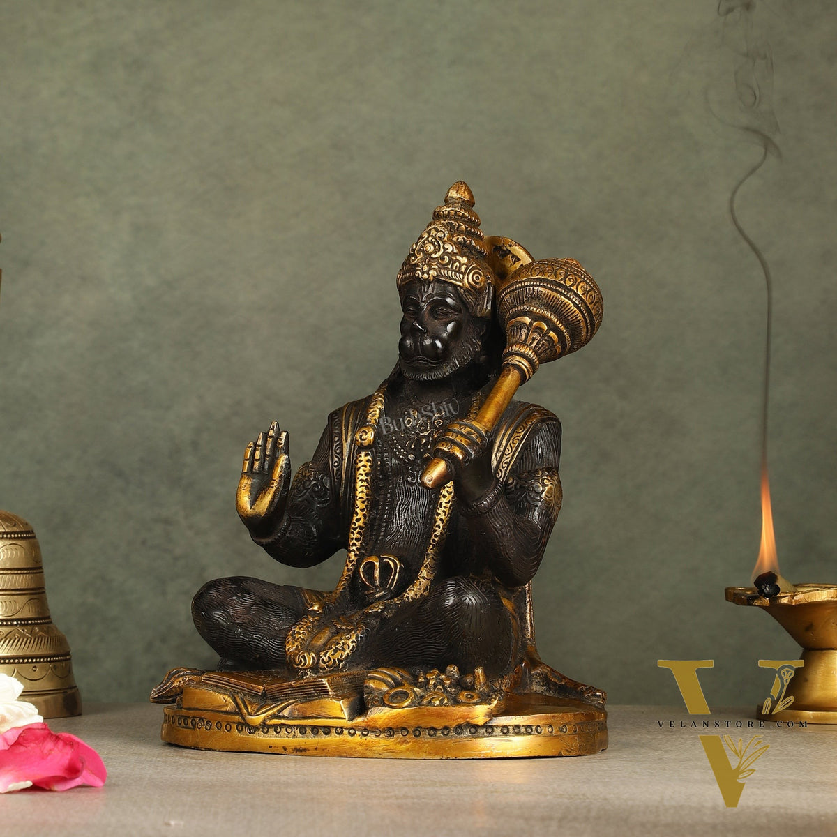 Pure Brass Blessing Lord Hanuman Idol with Crossed Legs 7 inch