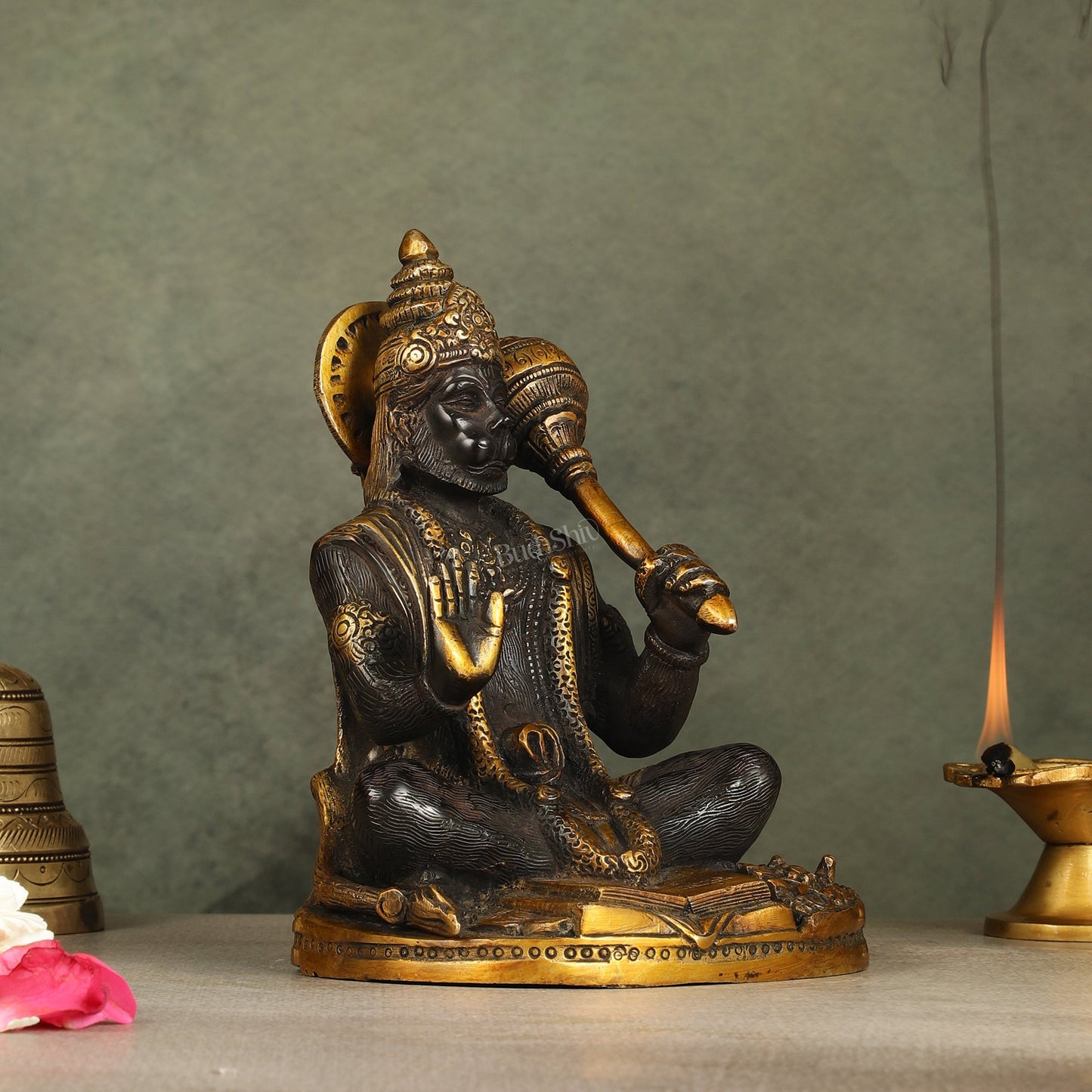 Pure Brass Blessing Lord Hanuman Idol with Crossed Legs 7 inch