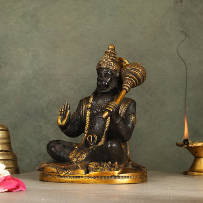 Pure Brass Blessing Lord Hanuman Idol with Crossed Legs 7 inch