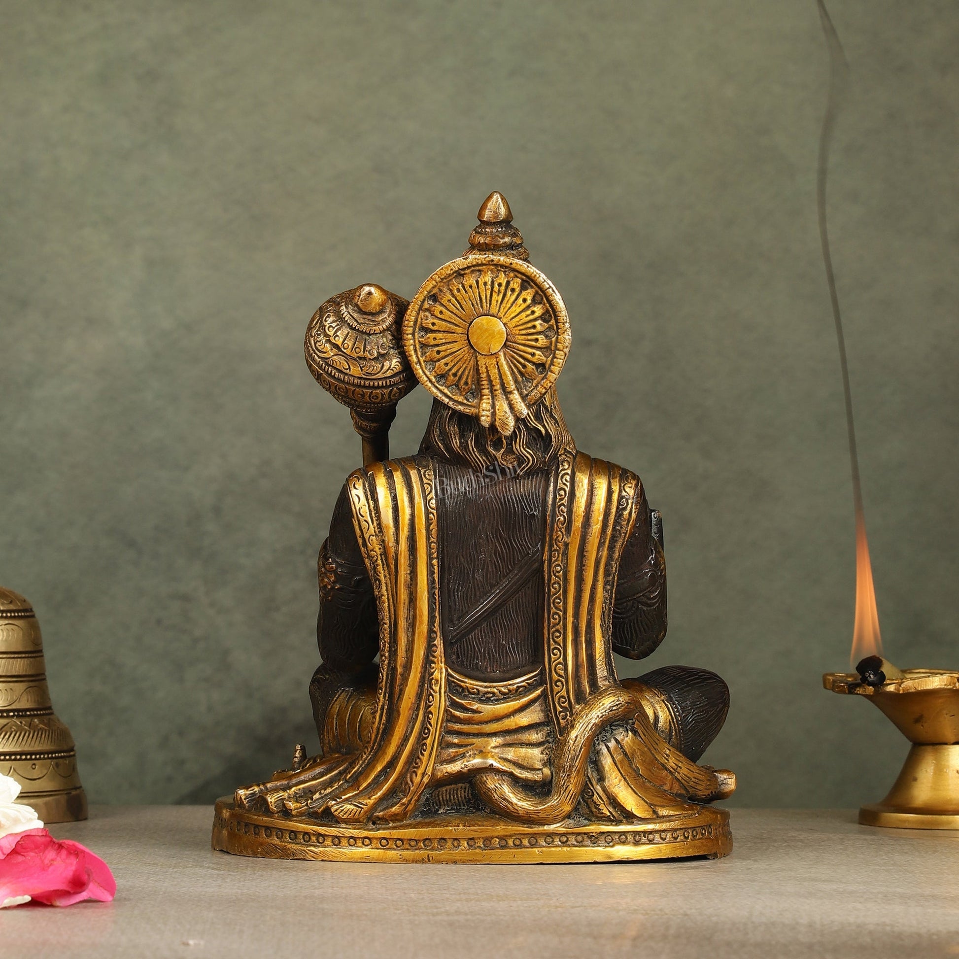 Pure Brass Blessing Lord Hanuman Idol with Crossed Legs 7 inch