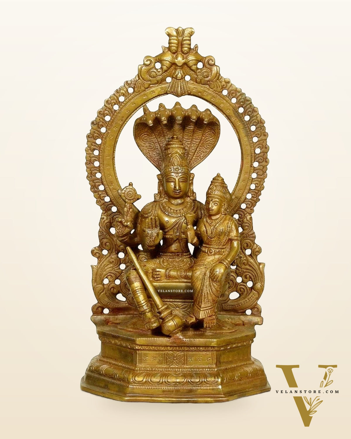 Pure Brass Bronze finish Vishnu Lakshmi Idol Seated on Sheshanaaga - 10" Divine Sculpture