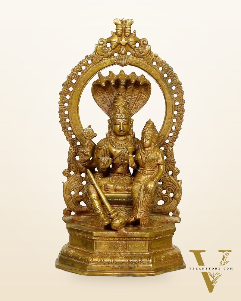 Pure Brass Bronze finish Vishnu Lakshmi Idol Seated on Sheshanaaga - 10" Divine Sculpture